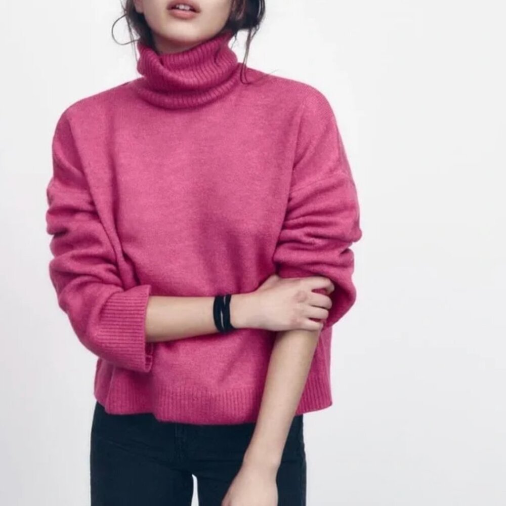 Zara Bright Magenta Pink Turtleneck Sweater, Size: L